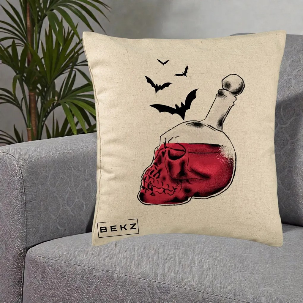 Perna Decorativa Halloween Craniu-Sticla cu Lilieci, 40x40 cm, Bej, Husa Detasabila, Perna Inclusa, BEKZ®