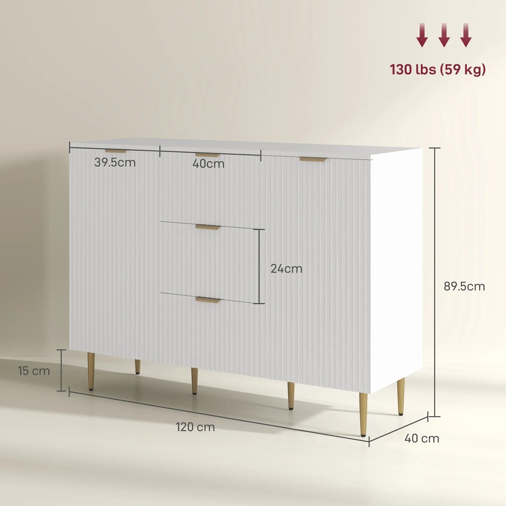 HOMCOM Dulap de Depozitare pentru Bucatarie cu 3 Sertare, Rafturi Reglabile și Picioare Metalice, 120x40x89,5 cm, Alb | Aosom Romania