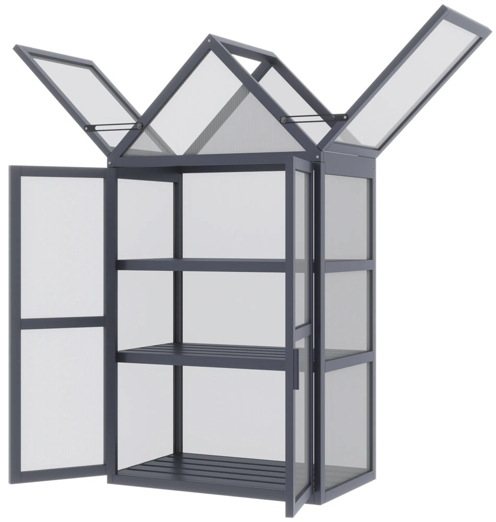 Seră mini Outsunny cu 3 nivele, sere pentru plante cu acoperiș rabatabil, uși duble din lemn, policarbonat rezistent la intemperii, natural, 70,5 x 42 x 132 cm | Aosom Romania