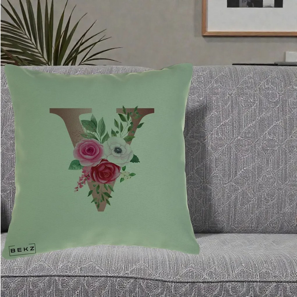 Cadou Personalizat - Perna Personalizata Monograma Rose Gold Litera V, 40x40 cm, Verde, Husa Detasabila, Perna Inclusa, BEKZ®