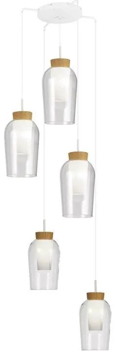 Lustra cu 5 pendule design modern Nora alb/ lemn