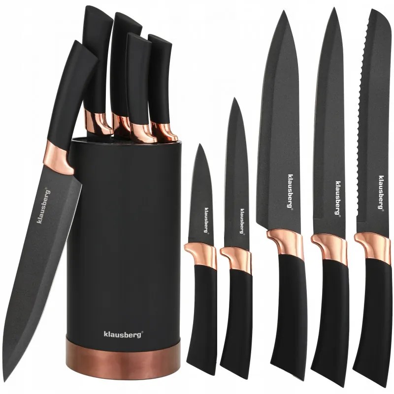 Set de cuțite cu suport Klausberg KB 7614, 6 piese, mânere ergonomice, oțel inoxidabil, negru