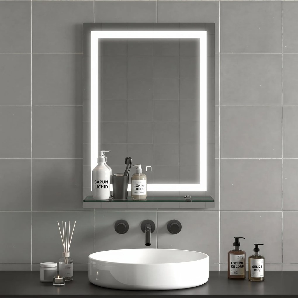 Kleankin Oglindă de Baie cu Lumini LED în 3 Culori Reglabile și Raft din Sticlă, 50x12x70 cm, Argintiu | Aosom Romania