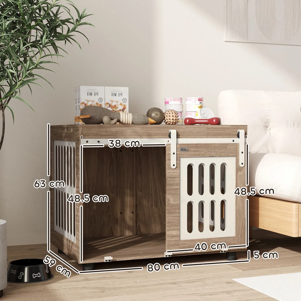 PawHut Meuble cușcă pentru câini cu ușă glisantă, casă pentru câini de talie medie, masă de cafea, 80 x 59 x 63 cm, nuc | Aosom Romania