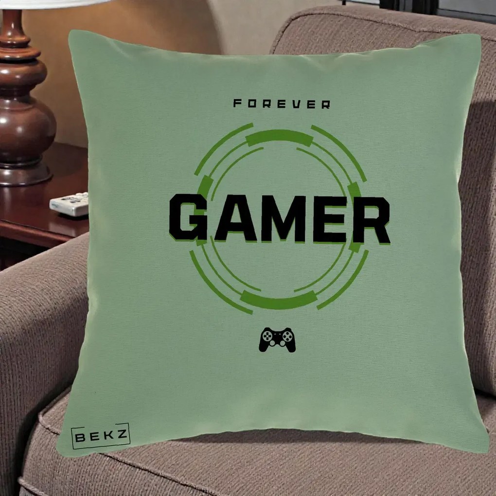 Perna Personalizata Forever Gamer, 40x40 cm, Verde, Husa Detasabila, Perna Inclusa, BEKZ®