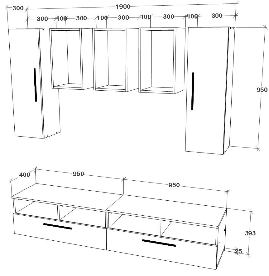 Living Kos V9, Negru/Alb Lucios, MDF, L 190 cm