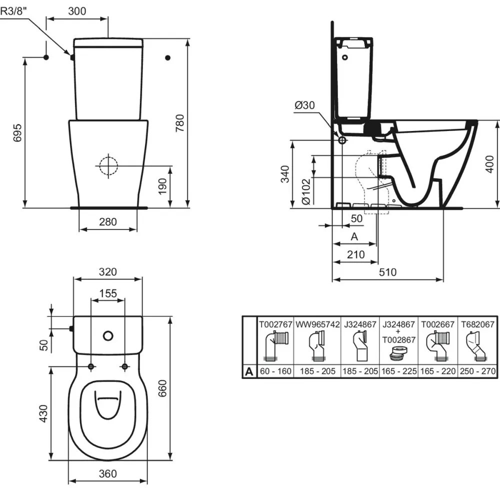 Rezervor vas wc Ideal Standard Connect Space Cube alb lucios cu alimentare laterala