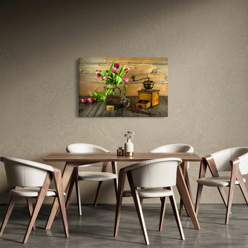 Tablou - lalele, râșniță și cafea (90x60 cm)