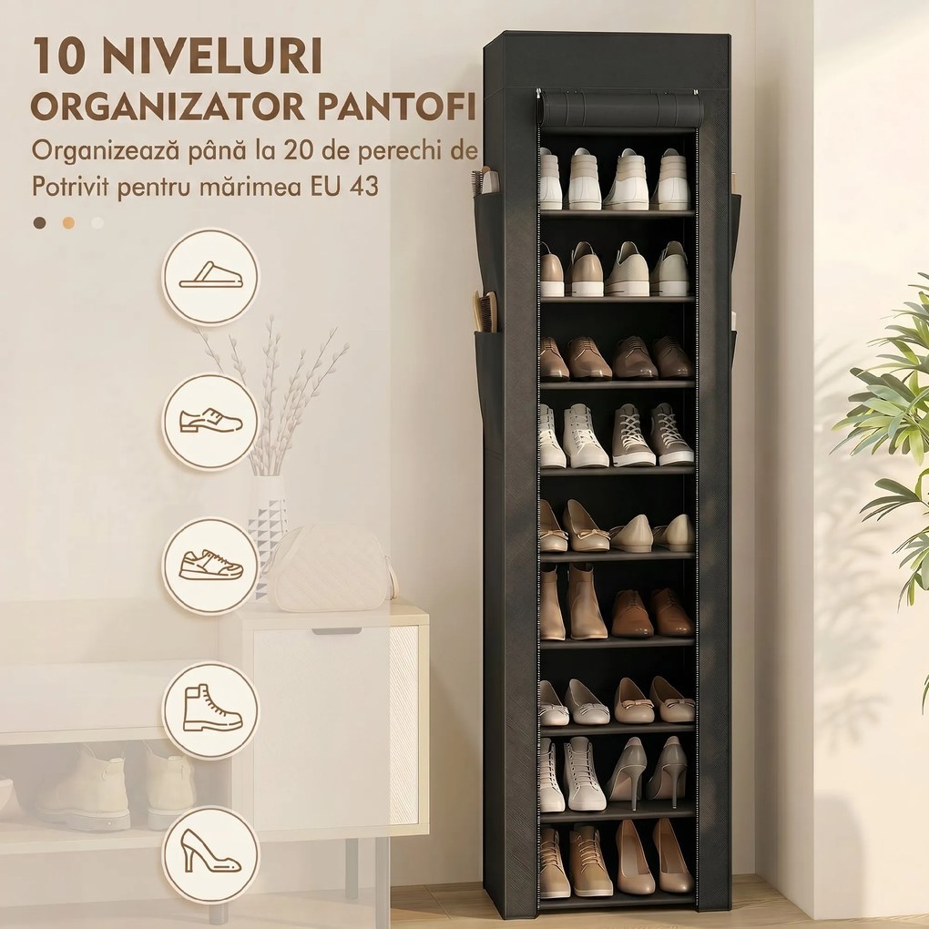 HOMCOM Pantofar 10 Etajere, Cover Antipraf, 20 Perechi, 45 x 30 x 175 cm, Negru | Aosom Romania