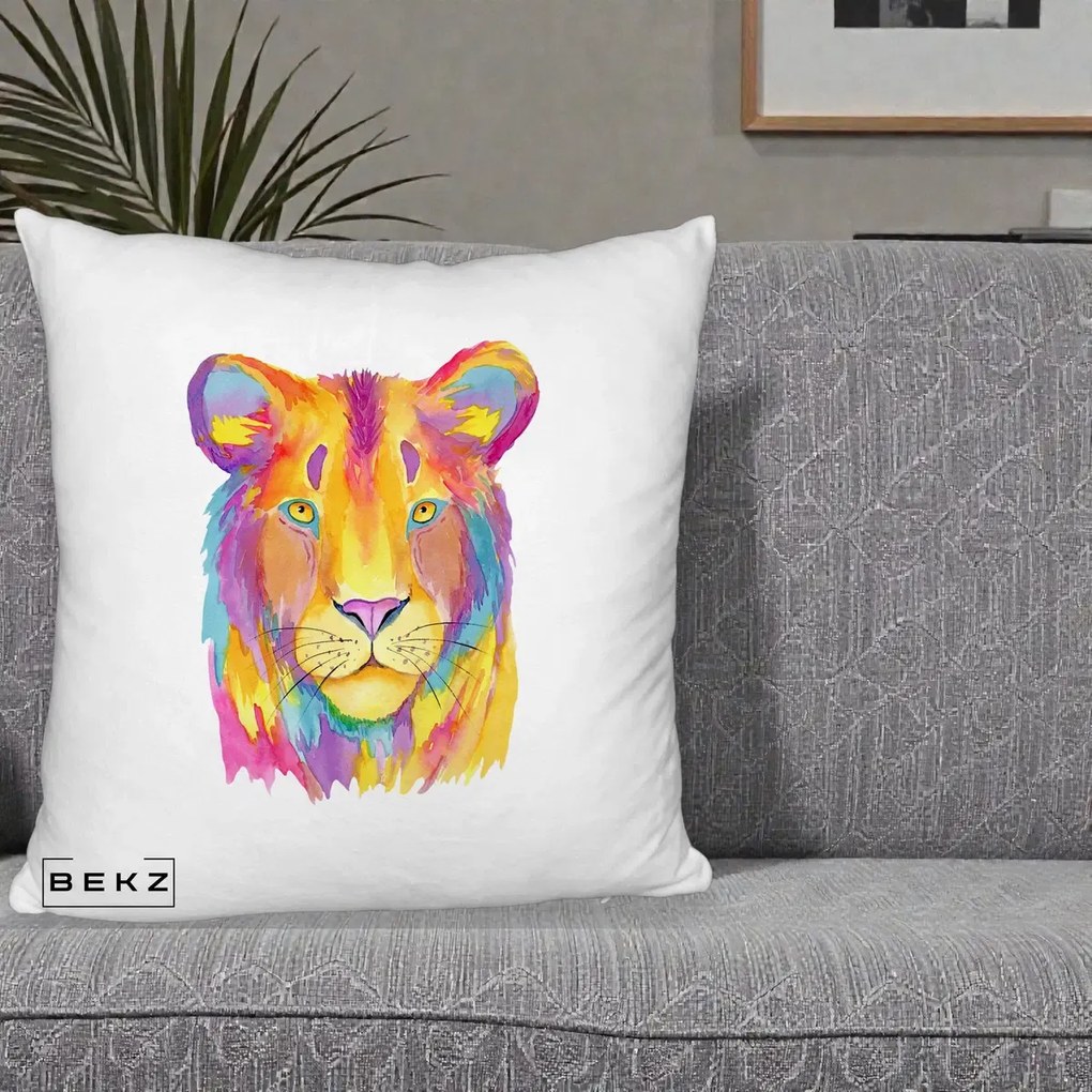 Perna Decorativa Leu Acuarela Curcubeu, 40x40 cm, Alb Pufos, Husa Detasabila, Perna Inclusa, BEKZ®