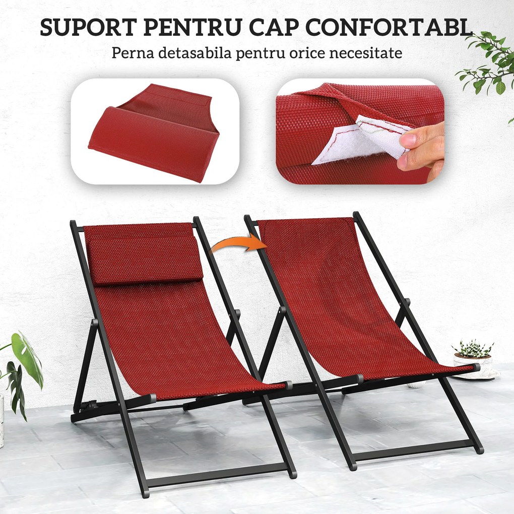 Outsunny Set de 2 Sezlonguri Rabatabile din Aluminiu și Textilene, Design Modern, pentru Terasă și Grădină, Roșu | Aosom Romania