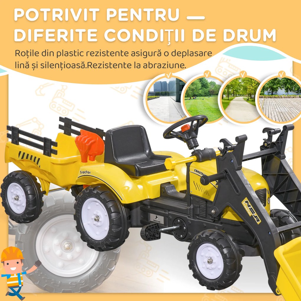 HOMCOM Tractor Copii pentru Copii de 3 Ani cu Pedale și Excavator, 167x41x52 cm, Galben | Aosom Romania