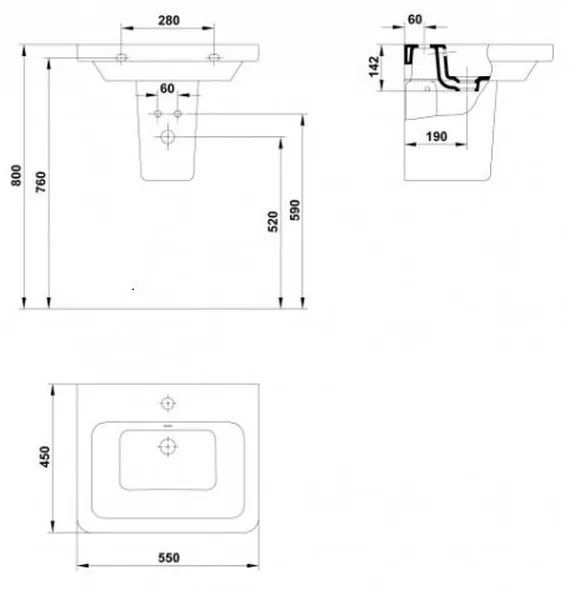 Lavoar suspendat alb 55 cm, dreptunghiular, Gala Street Square 550x450 mm