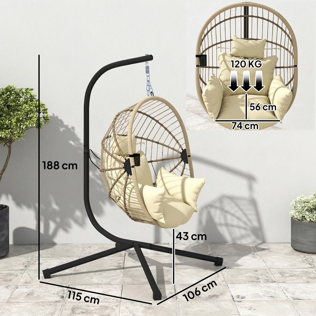 Outsunny Fotoliu tip ou suspendat, Scaun hamac/leagăn interior și exterior, Coș pliabil, Pernă căptușită, Kaki | Aosom Romania