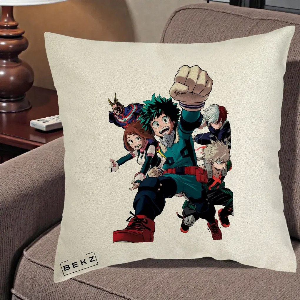 Perna Personalizata My Hero Academia Izuku Deku si Echipa, 40x40 cm, Ecru, Husa Detasabila, Perna Inclusa, BEKZ®