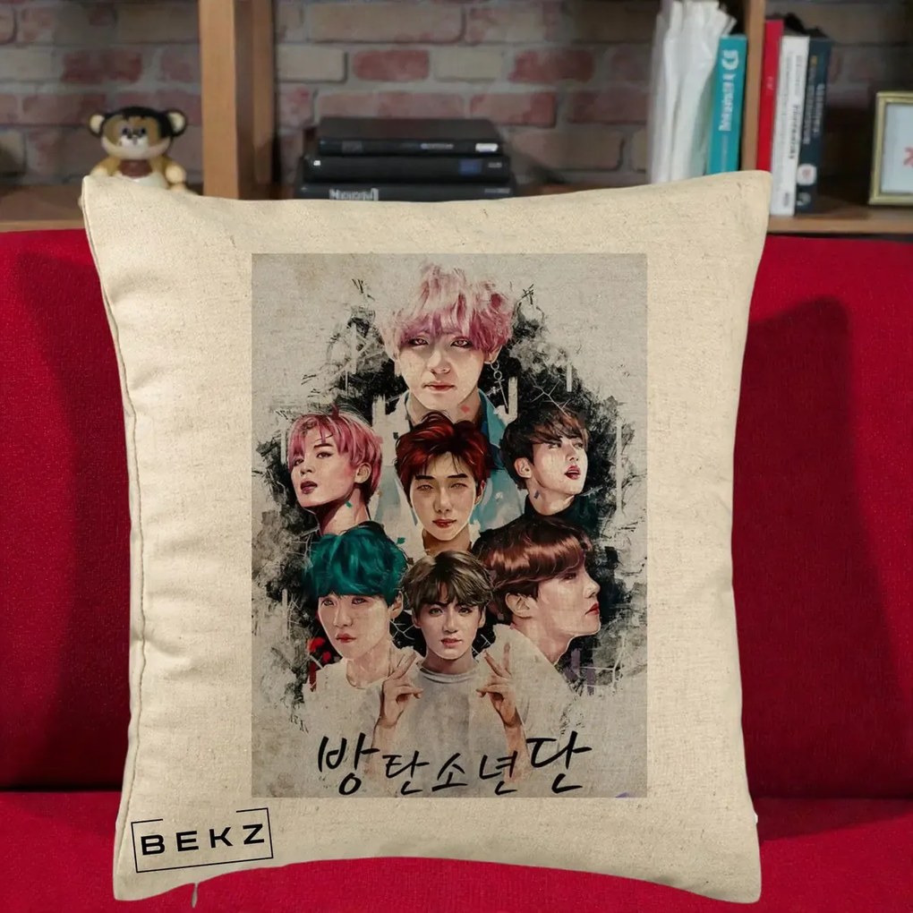 Perna Personalizata K-pop BTS Bangtan Boys Poster Artistic Negru Alb, 40x40 cm, Bej, Husa Detasabila, Perna Inclusa, BEKZ®