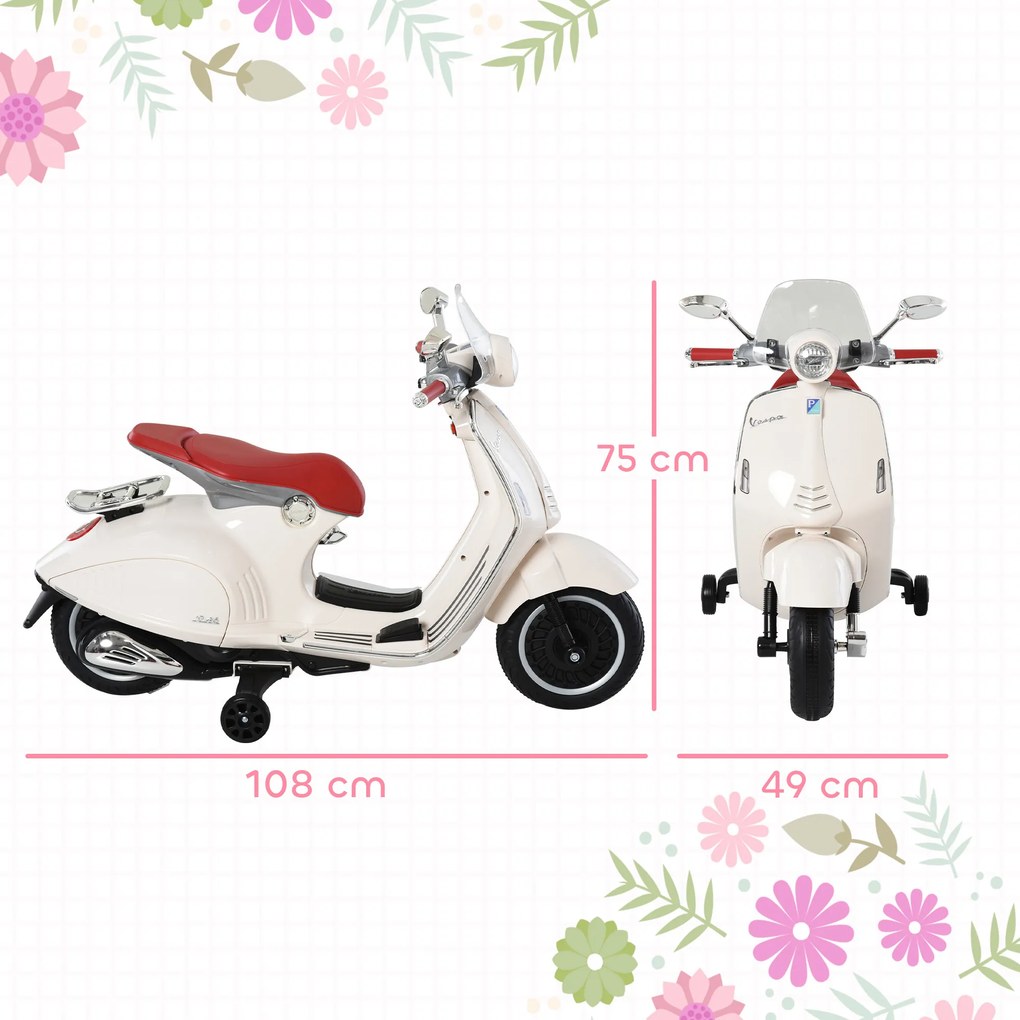 HOMCOM Motocicleta Jucarie cu Licenta Oficiala Vespa, pentru Copii 3+ Ani, cu 2 Roti Suplimentare, Lumini si Sunete, 108x49x75cm Roz | Aosom Romania