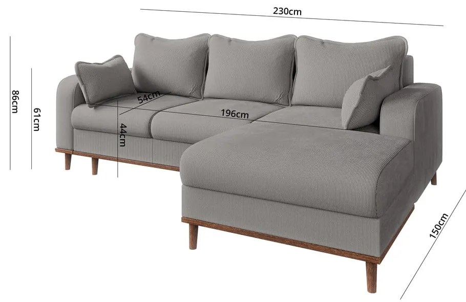 Colțar gri deschis cu tapițerie din catifea reiată (cu colț pe partea dreaptă) Beata – Ropez