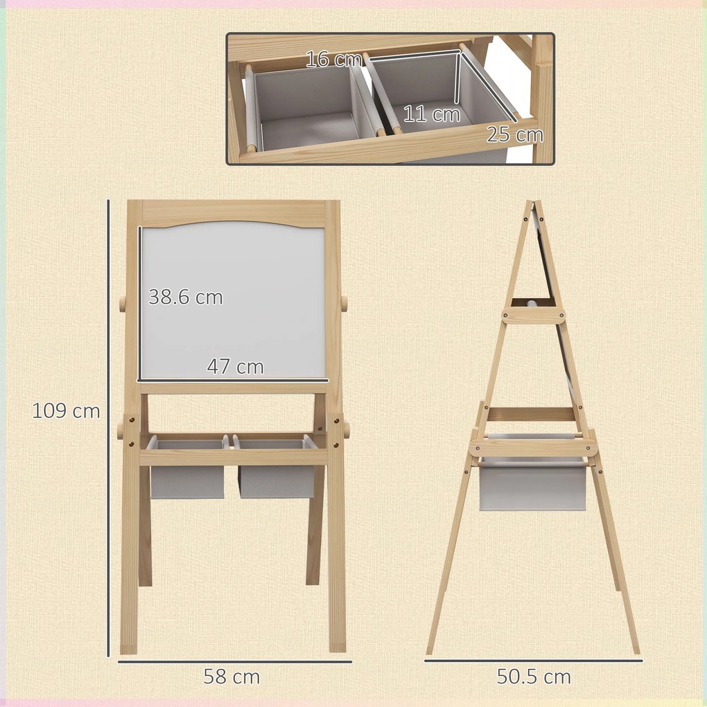 AIYAPLAY Sevalet Creativ 3 în 1 pentru Copii, cu Rola de Hârtie, Tablă pentru Creion și Cretă, Educațional, Lemn Natural, 3-6 Ani | Aosom Romania