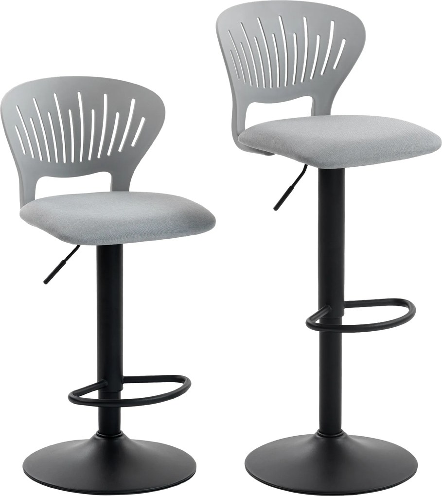 HOMCOM Set de 2 taburete de bar rotative 360°, reglabile 84-105 cm, spătar decupat, suport pentru picioare, gri | Aosom Romania