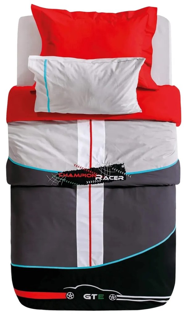 Set lenjerie pat copii cu husa pilota 4 piese , tematica masini de curse GTE, 100% bumbac, 160x216 cm