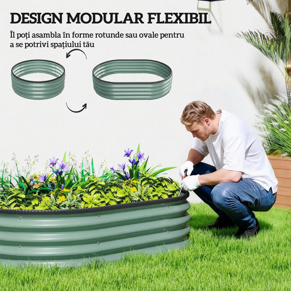 Outsunny Set de 2 Jardiniere Înălțate Modulare, Ghivece de Grădină cu Margine din Cauciuc, Fund Deschis, Jardiniere Înălțate din Oțel Galvanizat pentru Plante Aromatice, Fructe, Legume și Flori, 135x90x30 cm, Verde | Aosom Romania