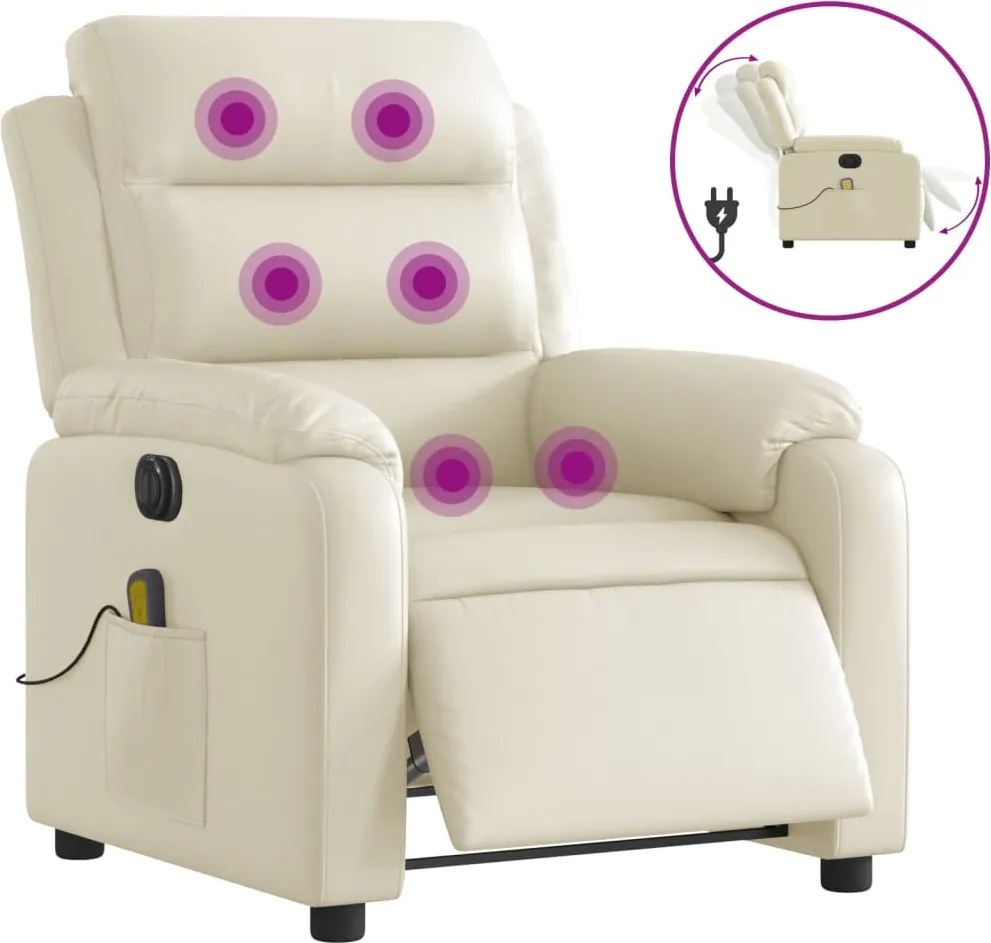 vidaXL Fotoliu electric de masaj rabatabil, crem, piele ecologică