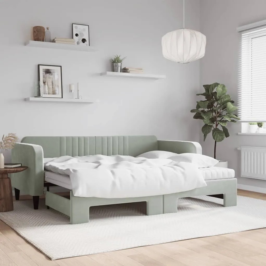 vidaXL Pat de zi cu extensie și saltele, gri deschis 90x200 cm catifea