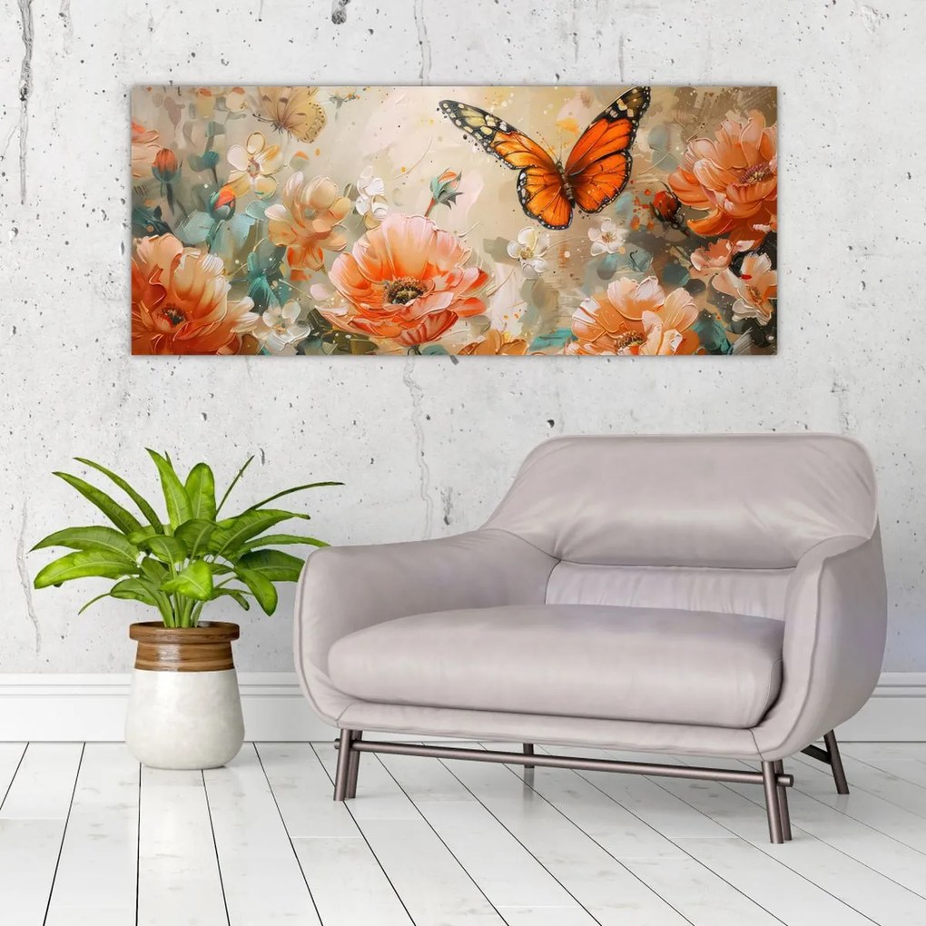 Tablou - Fluture și flori, pictură în ulei (120x50 cm)
