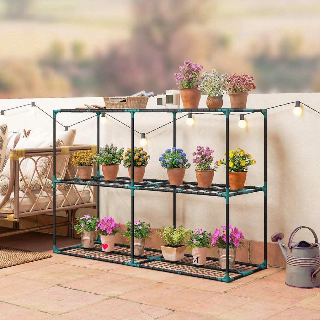 Outsunny Suport Vertical pentru Plante cu 3 Niveluri din Oțel și Plastic, Suport Ghivece pentru Interior și Exterior, Grădină, Balcon, 143x48x100 cm, Verde Închis | Aosom Romania