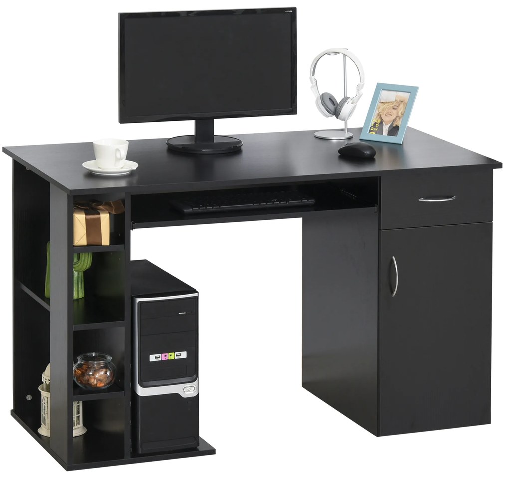 HOMCOM Masa de birou pentru PC Ergonomica cu Rafturi si Spatiu Tastatura Detasabila Neagra