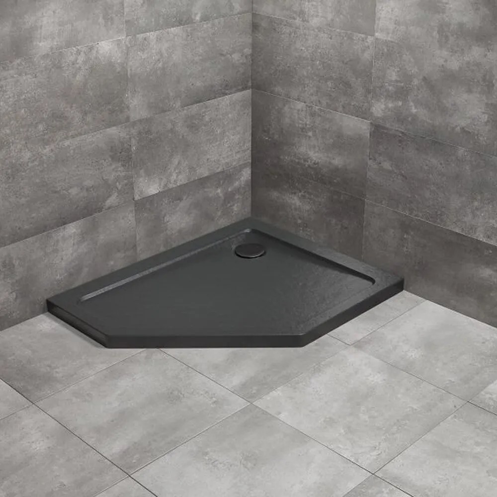 Cadita dus pentagonala Radaway Doros PT E Stone 100x90 cm acril negru dreapta