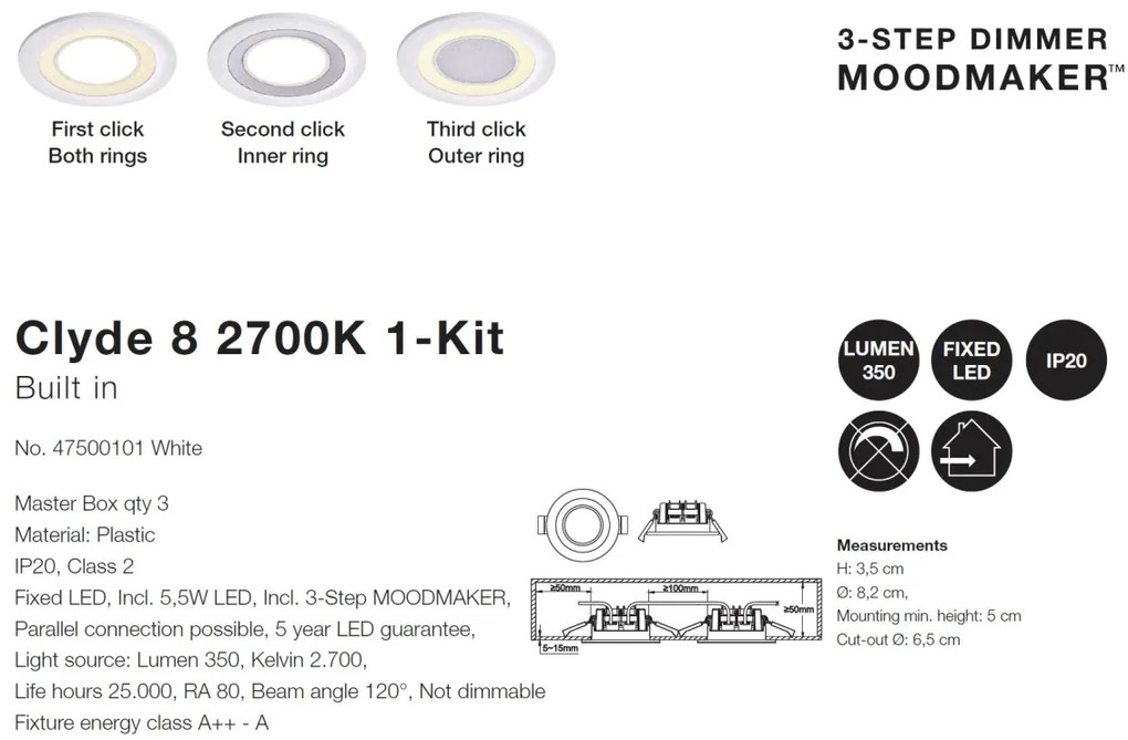 Spot LED incastrabil Clyde 8 / 2700K / 3-Step MOODMAKER