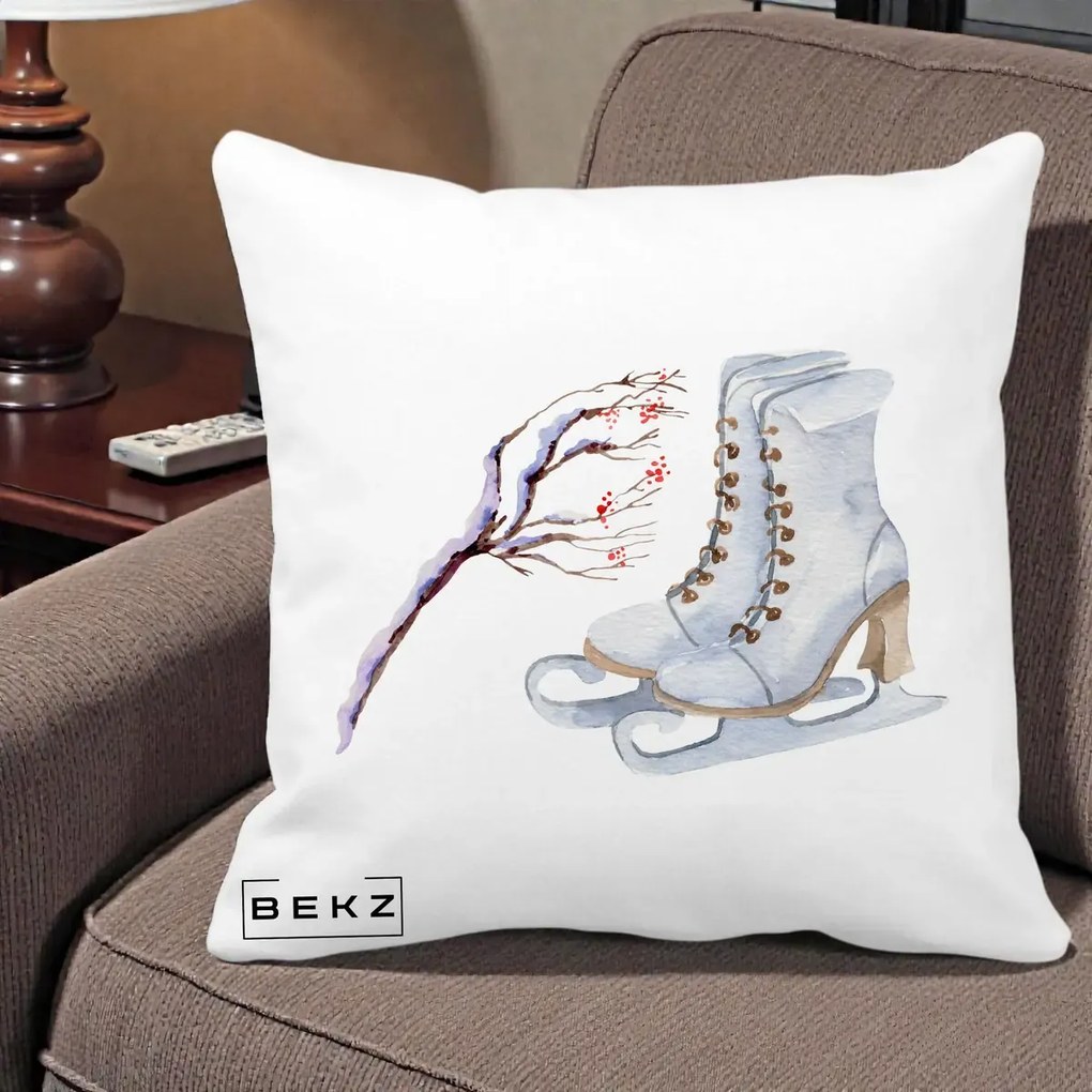 Perna Decorativa Patine cu Ramuri Inzapezite, 40x40 cm, Alba Mata, Husa Detasabila, Perna Inclusa, BEKZ®