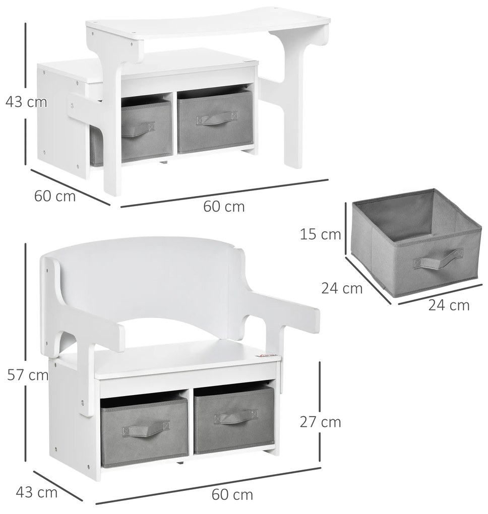 HOMCOM Banca pentru Copii 2 in 1 Convertibila in Pupitru de Scoala cu 2 Sertare din Tesatura, Varsta 2-5 Ani, 60x43x57cm - Alb