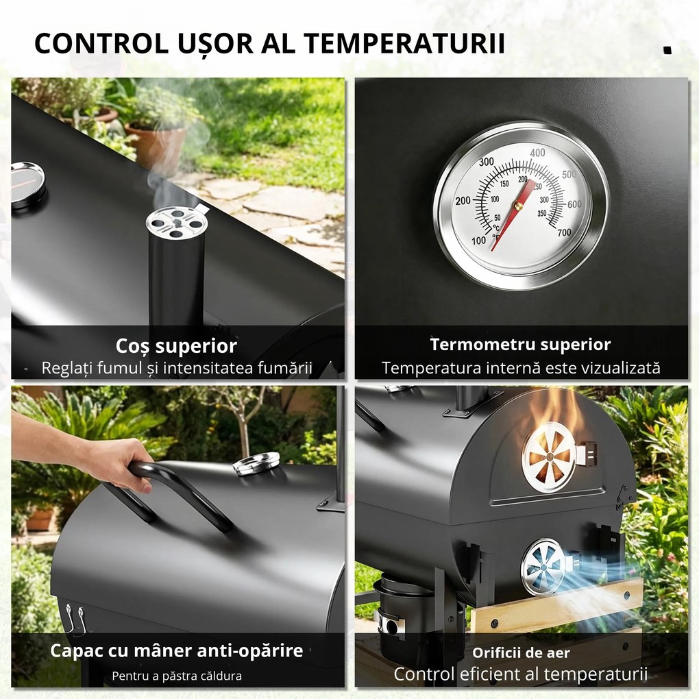 Outsunny Grătar pe cărbuni cu căruț de gătit, etajere pliabile, termometru, roți, rotisor electric, negru | Aosom Romania
