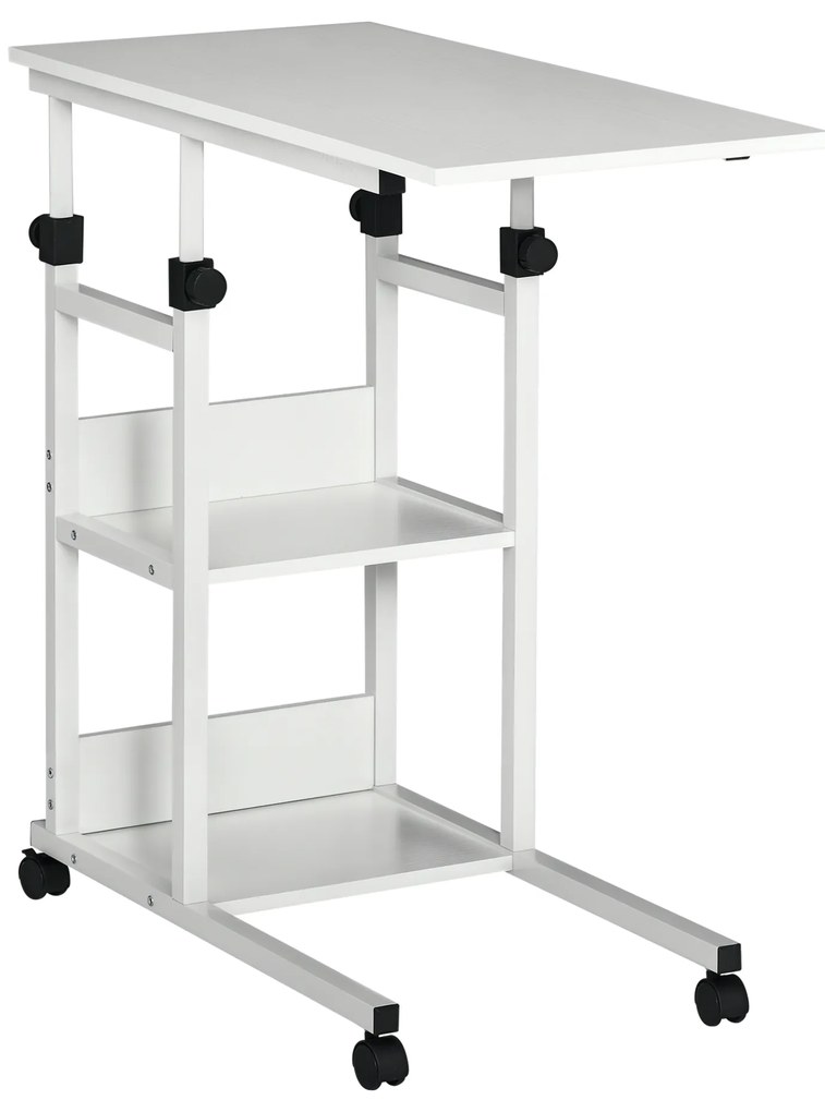 HOMCOM Masa auxiliară Masa rulantă Masa de pat pentru Laptop Înălțime reglabilă - 2 rafturi integrate - cadru metalic Alb | Aosom Romania
