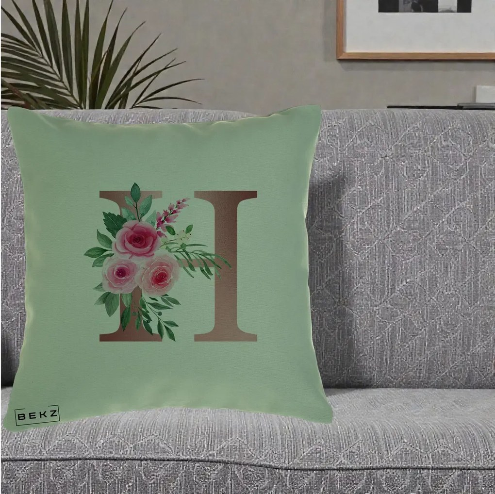 Cadou Personalizat - Perna Personalizata Monograma Rose Gold Litera H, 40x40 cm, Verde, Husa Detasabila, Perna Inclusa, BEKZ®