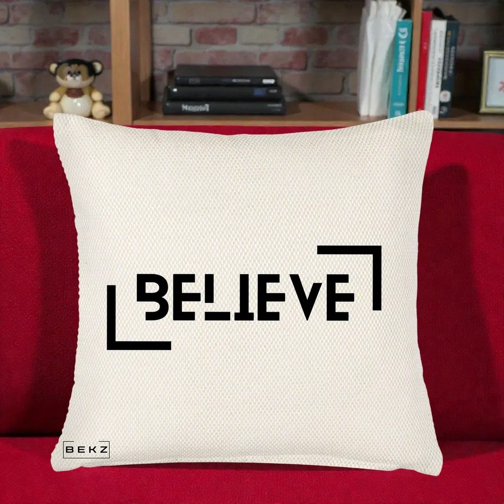 Perna Decorativa Believe Minimalist, 40x40 cm, Crem Reliefat, Husa Detasabila, Perna Inclusa, BEKZ®