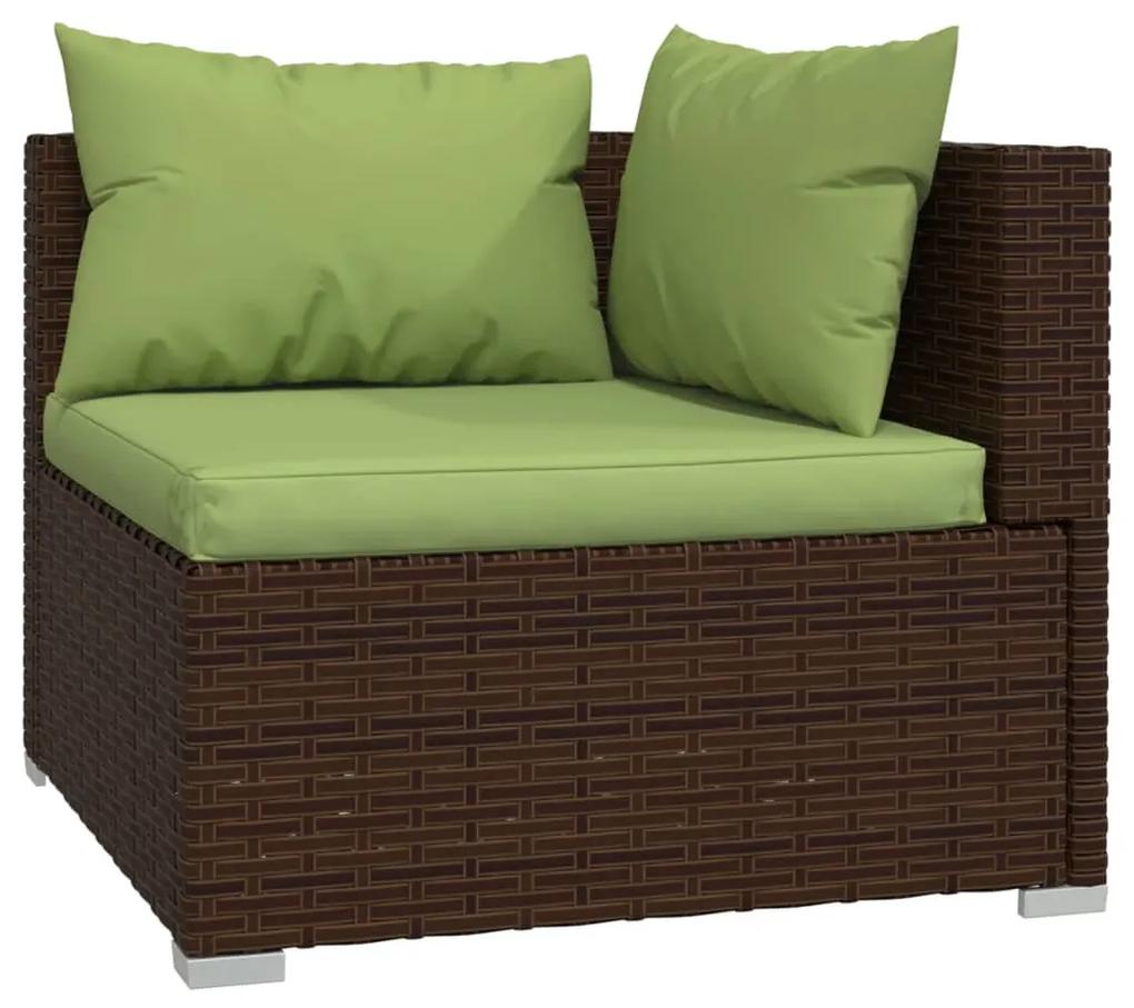 Set mobilier de gradina cu perne, 11 piese, maro, poliratan maro si verde, 4x colt + 4x mijloc + 2x suport pentru picioare + masa, 1