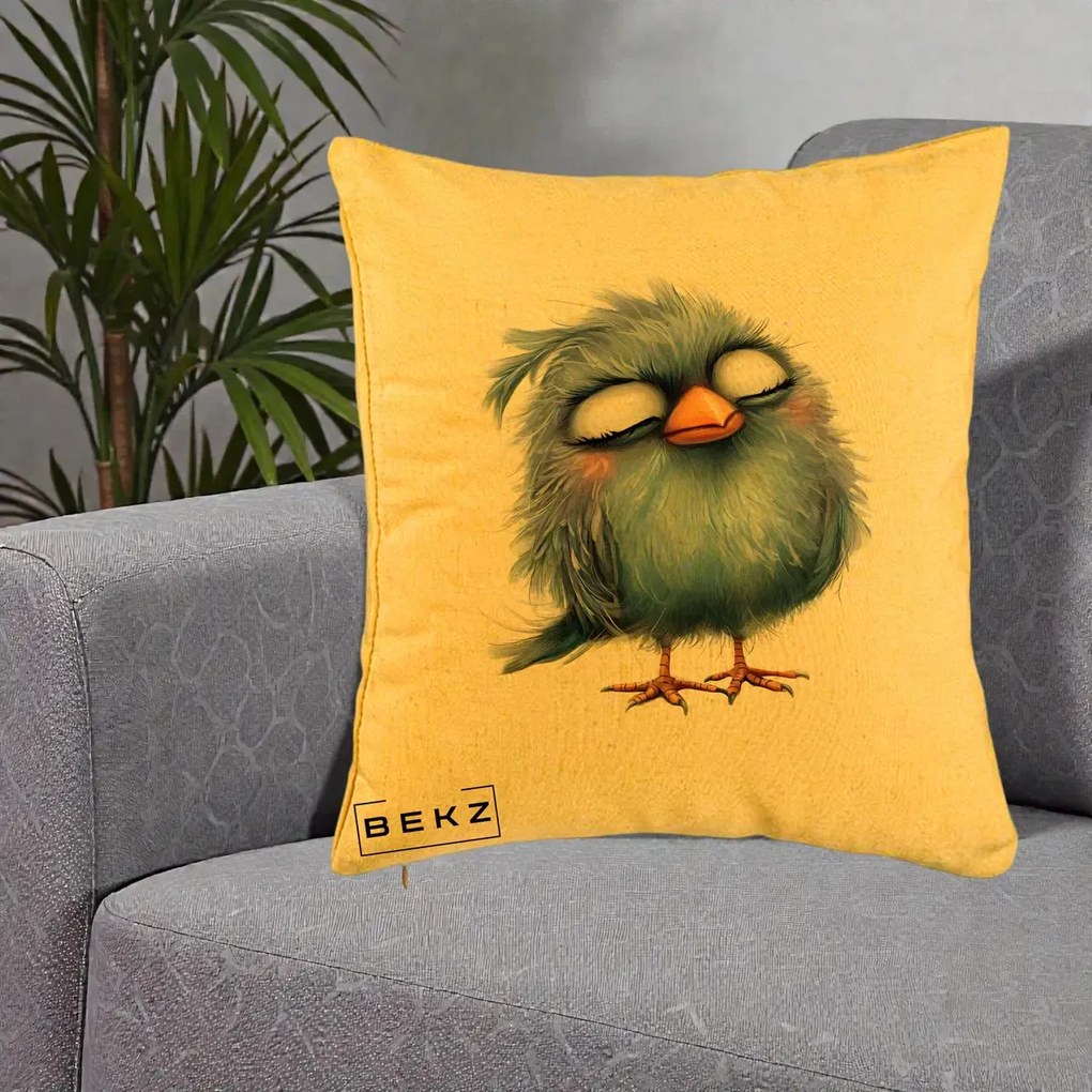 Perna Decorativa Pui Pufos Albastru Adormit, 40x40 cm, Galben, Husa Detasabila, Perna Inclusa, BEKZ®