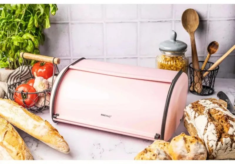 Cutie pentru paine Kinghoff KH 1868, 18.5x27x44 cm, Deschidere si inchidere lina, Otel, Roz