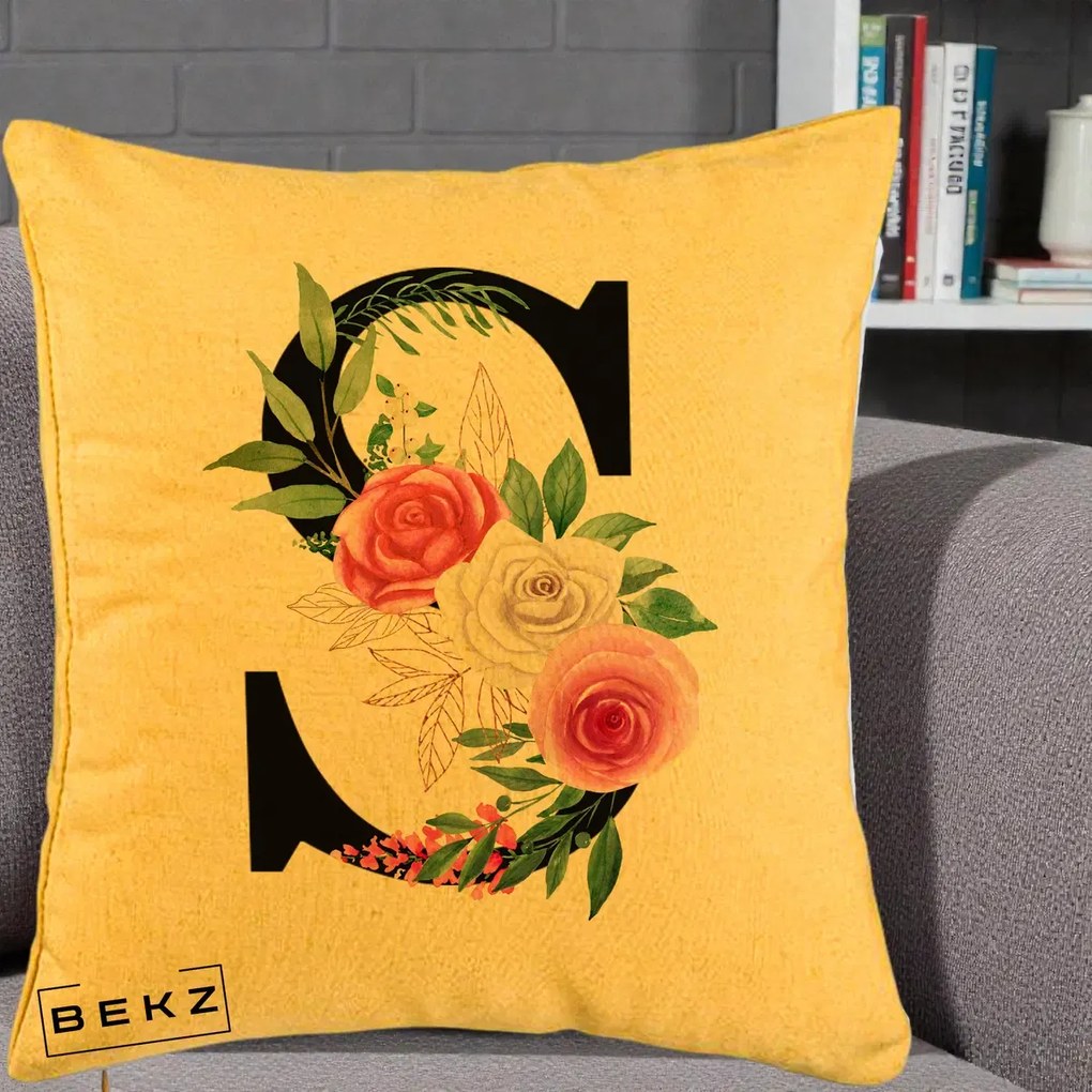 Cadou Personalizat - Perna Personalizata Monograma Florala Litera S, 40x40 cm, Galben, Husa Detasabila, Perna Inclusa, BEKZ®