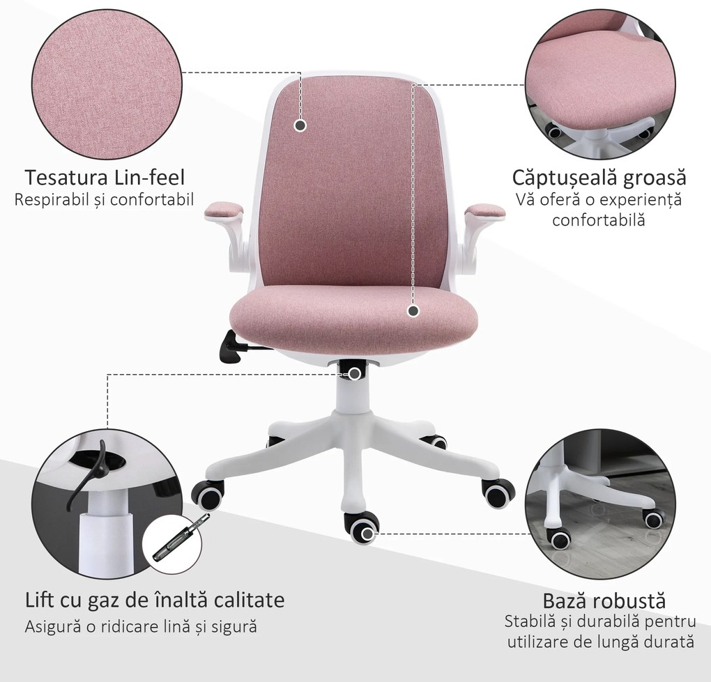 Vinsetto Scaun de Birou Balansoar cu Înălțime Reglabilă din Țesătură Efect Catifea, 62,5x60x94-104 cm, Roz | Aosom Romania