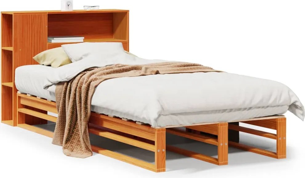 vidaXL Pat cu bibliotecă fără saltea, maro, 100x200 cm, lemn masiv
