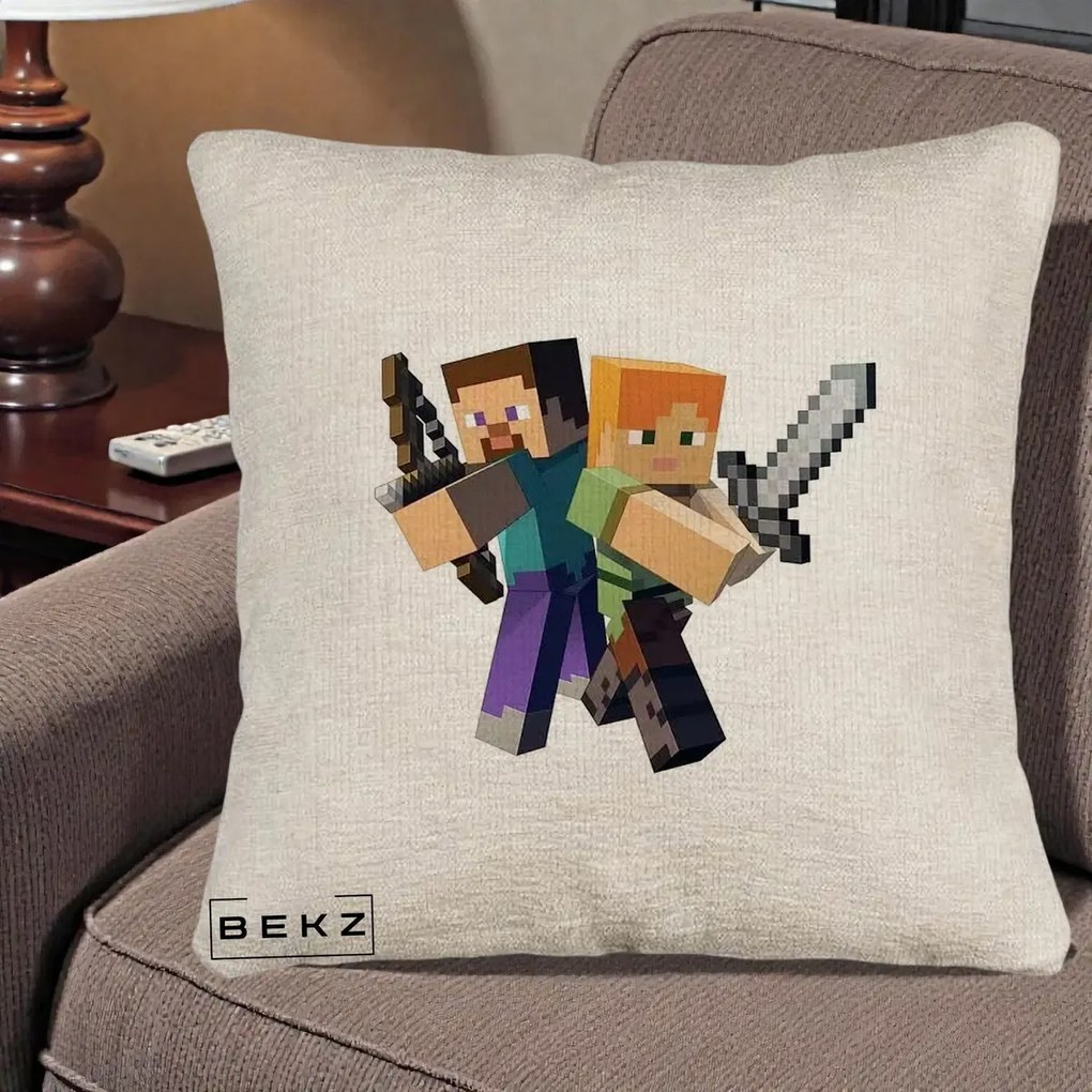 Perna Personalizata Minecraft Steve si Alex, 40x40 cm, Bej Canapea, Husa Detasabila, Perna Inclusa, BEKZ®
