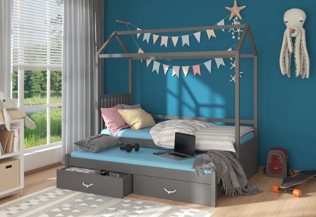 Expedo Pat pentru copii MELICHAR casuta + saltea, 90x200/90x190, grafit