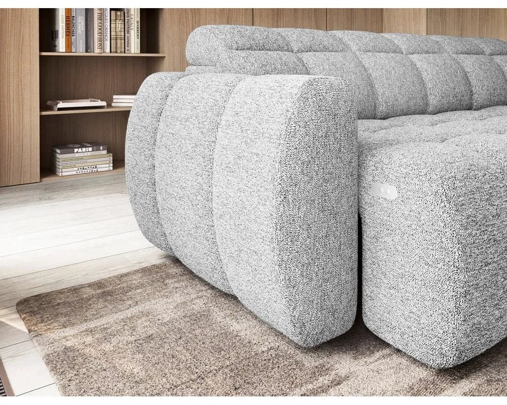 Colțar gri deschis extensibil/cu spațiu de depozitare cu tapițerie din țesătură bouclé (cu colț pe partea dreaptă/în formă de ”L”) Falconn – ELTAP