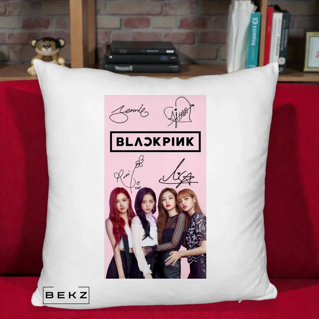 Perna Personalizata K-pop BLACKPINK Semnaturi si Foto, 40x40 cm, Alb Pufos, Husa Detasabila, Perna Inclusa, BEKZ®