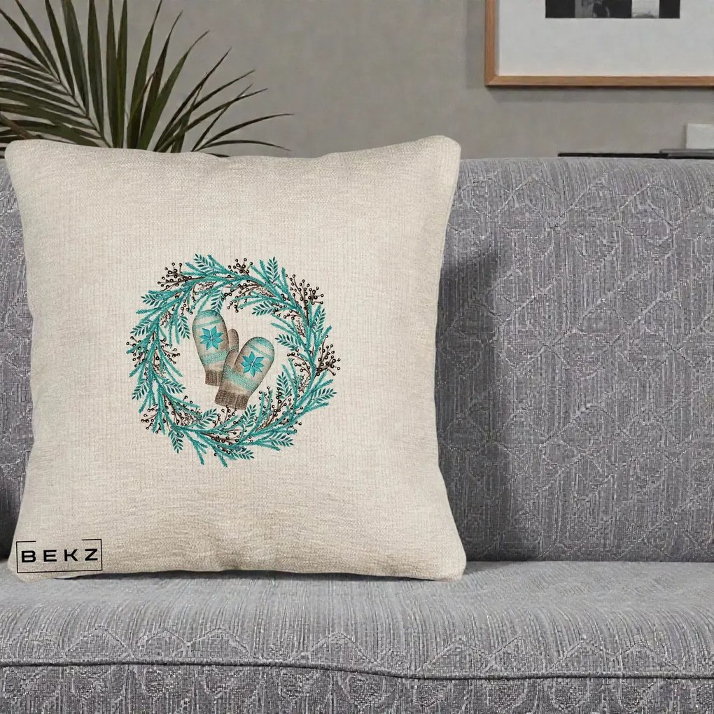 Perna Decorativa Coroana Turcoaz cu Manusi, 40x40 cm, Bej Canapea, Husa Detasabila, Perna Inclusa, BEKZ®